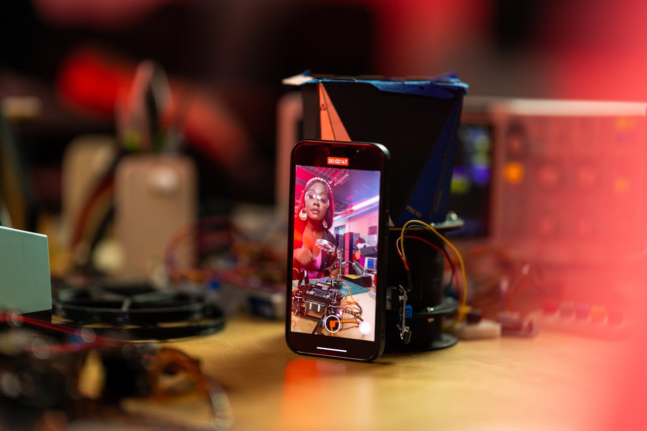 Black woman live streaming tech video on smartphone in an electronics workshop.